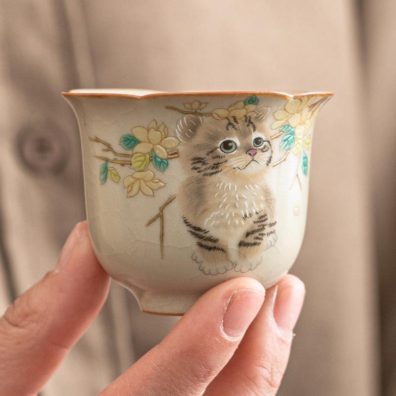 Чайная чашка Ru Kiln Cute Cat, симпатичная керамическая чайная чашка, китайский чайный сервиз Kung Fu, открытая часть, можно хранить в главной чашке