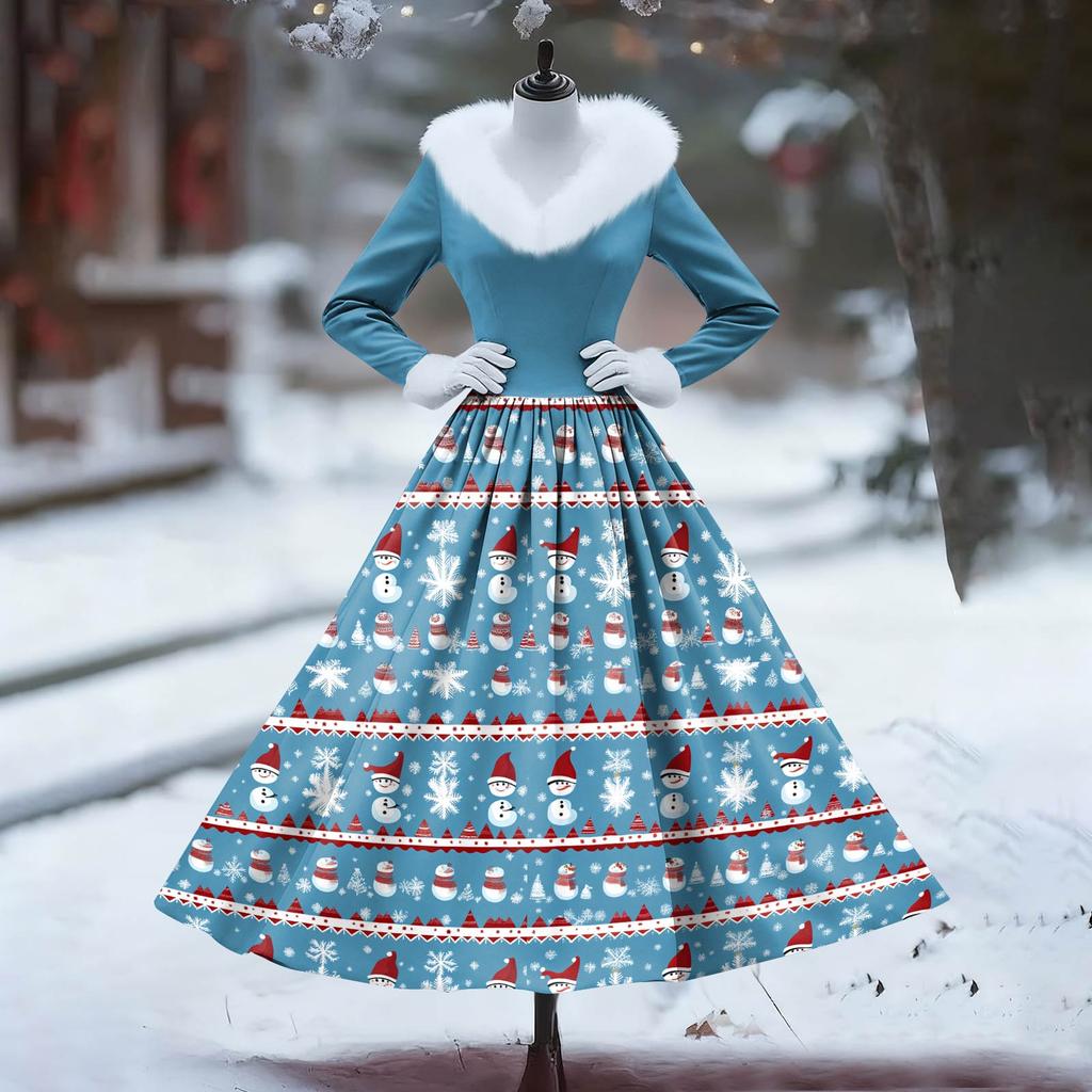 Женское повседневное платье с длинным рукавом, V-образным вырезом, лоскутным флисом и рождественским принтом