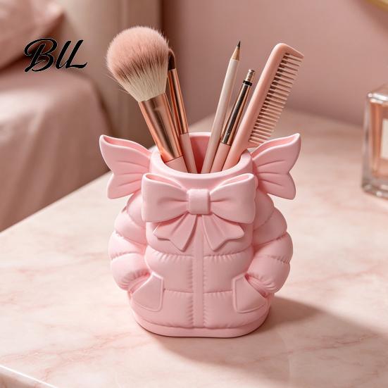 Student Desk Accessories Cute Bow Puffer Jacket Pen Holder, 3D Printed Desktop Organizer, Decorative Makeup Tool Organizer Brush Cup, Creative Storage
