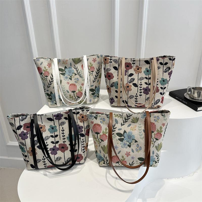 Leaves Flower Print Vintage Large Bag With Zipper Closure For Daily Use Women Fashion