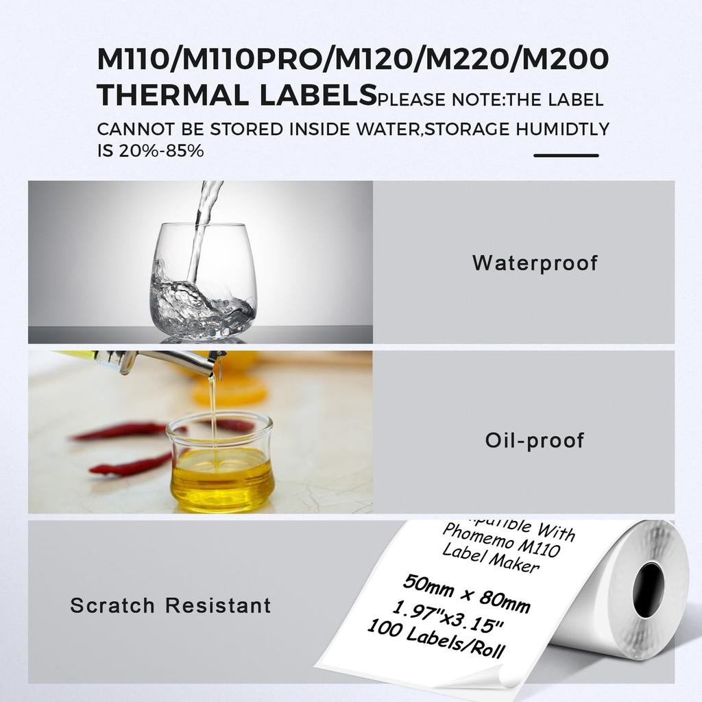 Labels for M110/M220, 1.97'' X 3.15''(50x80mm),Square,White,100 Labels/Roll, Self-Adhesive Thermal, for Logo, Barcode, Address