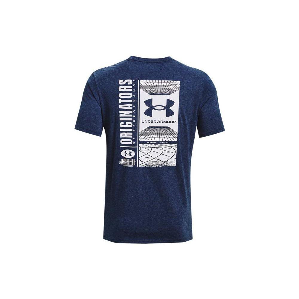 Under Armour Dopamine Круглый вырез горловины Спортивная футболка с буквенным логотипом и штрих-кодом Печать Мужские топы Синий 1370527-408