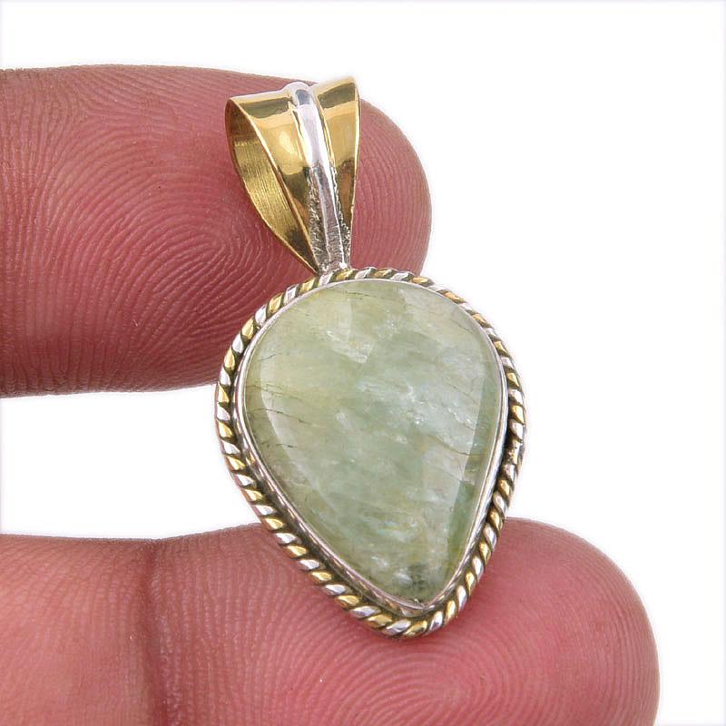 Natural Prehnite Gemstone 925 Solid Sterling Silver Two Tone Pendant 1.25" A3B00