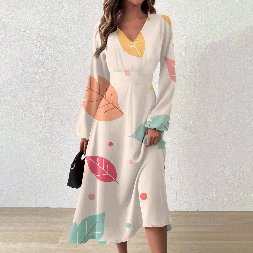 Женское осенне-зимнее повседневное модное длинное платье с v-образным вырезом и длинным рукавом с принтом дефолиации