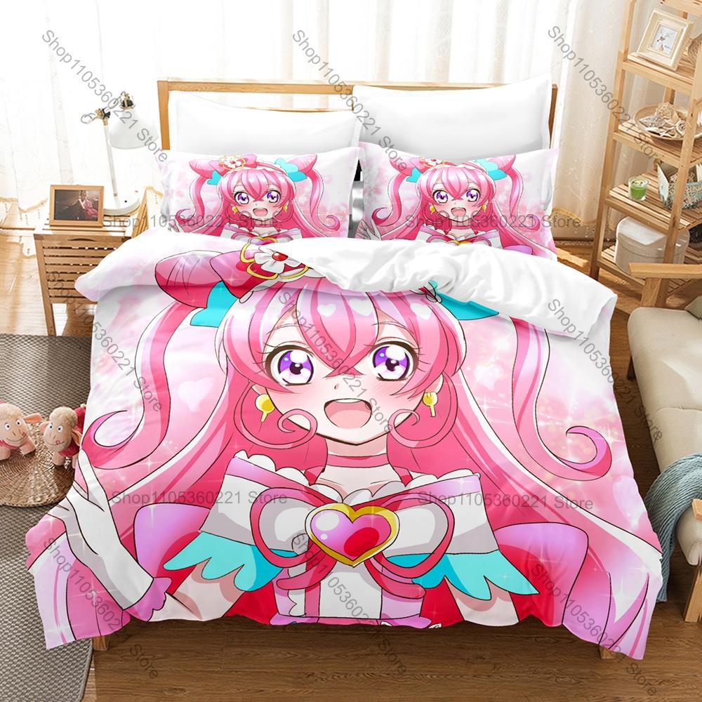 Pretty Cure Duvet Cover + 2 Pillowcases, Cute Magical Girl Anime Print Bedding Set Soft Fabric for Kids & Fans Bedroom Decor