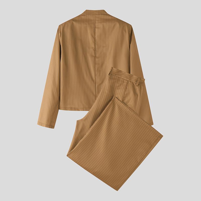 INCERUN Men Striped Sets Cutout Cropped Tops and Long Pants Trousers Casual Suits