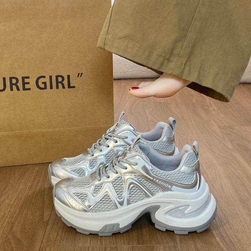 Летние новые серебристые кроссовки на толстой подошве в стиле 'dad shoes' для женщин, сетчатые, дышащие, на толстой подошве, тонкие, универсальные, спортивные и повседневные, модные
