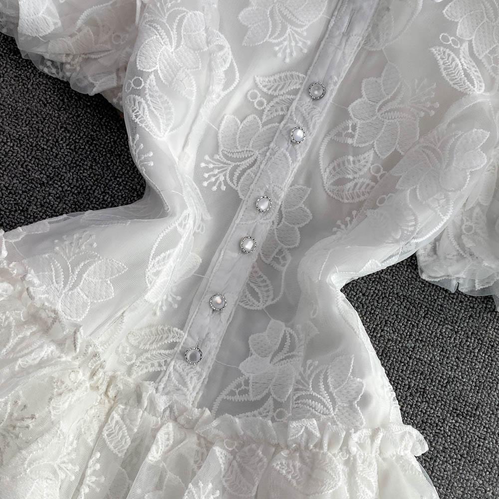 Summer High Quality Women White Mesh Embroidery Flower Party Dress Sweet Girls Puff Sleeve Ruffles Princess Cake Dresses