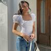 French Puff Sleeve Ladies T-shirt Ladies Elegant Square Collar Ruffled Hem Slim Top
