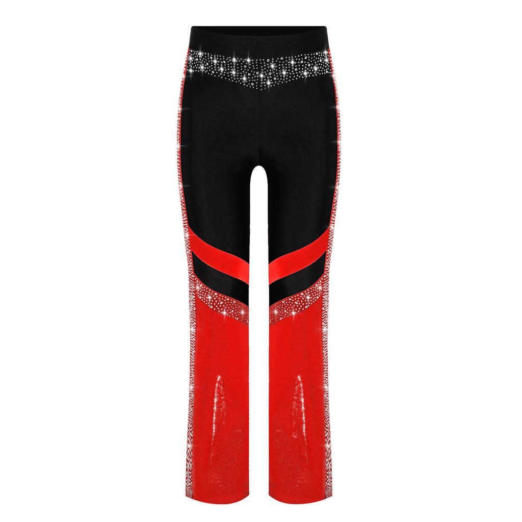 Girls Shiny Rhinestone Flared Pants Elastic Waistband Color Block Bell Bottom Gymnastics Costume