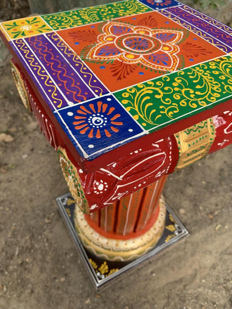 Hand Painted Wooden Chowki Pedestal Table | Indian Folk Art Statue Stand