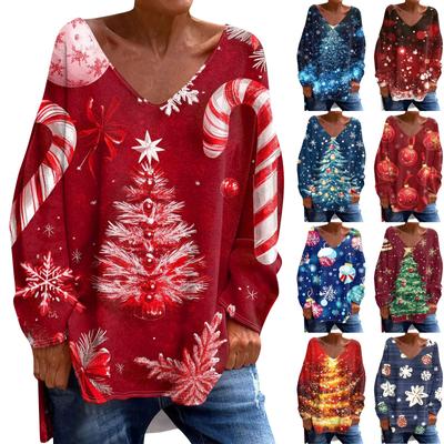 Женская модная повседневная футболка с длинными рукавами и рождественским принтом с V-образным вырезом