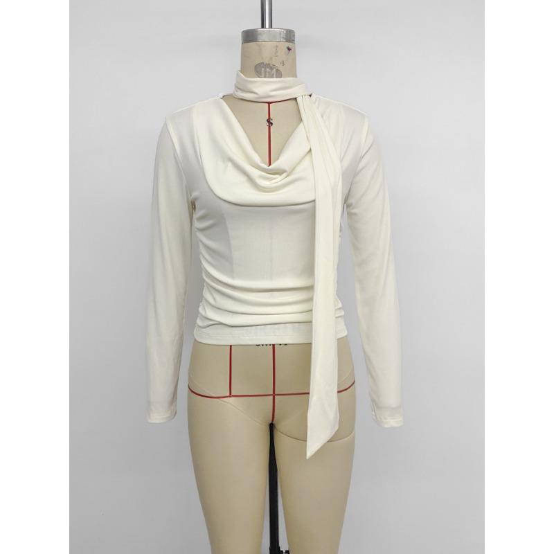 Осень Зима Новый Стиль Плиссированные Топы Элегантные Приталенные Базовые Футболки с Длинным Рукавом и Воротником для Женщин