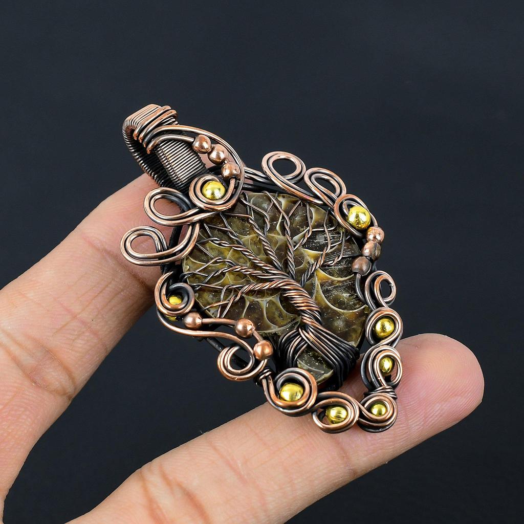 Tree Of Life Ammonite Fossil Gemstone Handmade Copper Wire Wrap Jewelry Pendant