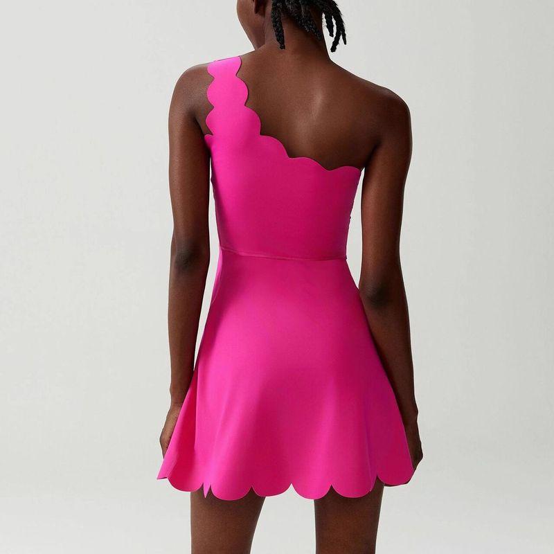 Wave One-Shoulder Tennis Dress for Women with Lace, Asymmetrical Shoulder, Beautiful Back, Sports Dress with Anti-Exposure Pockets, Fitness Dress