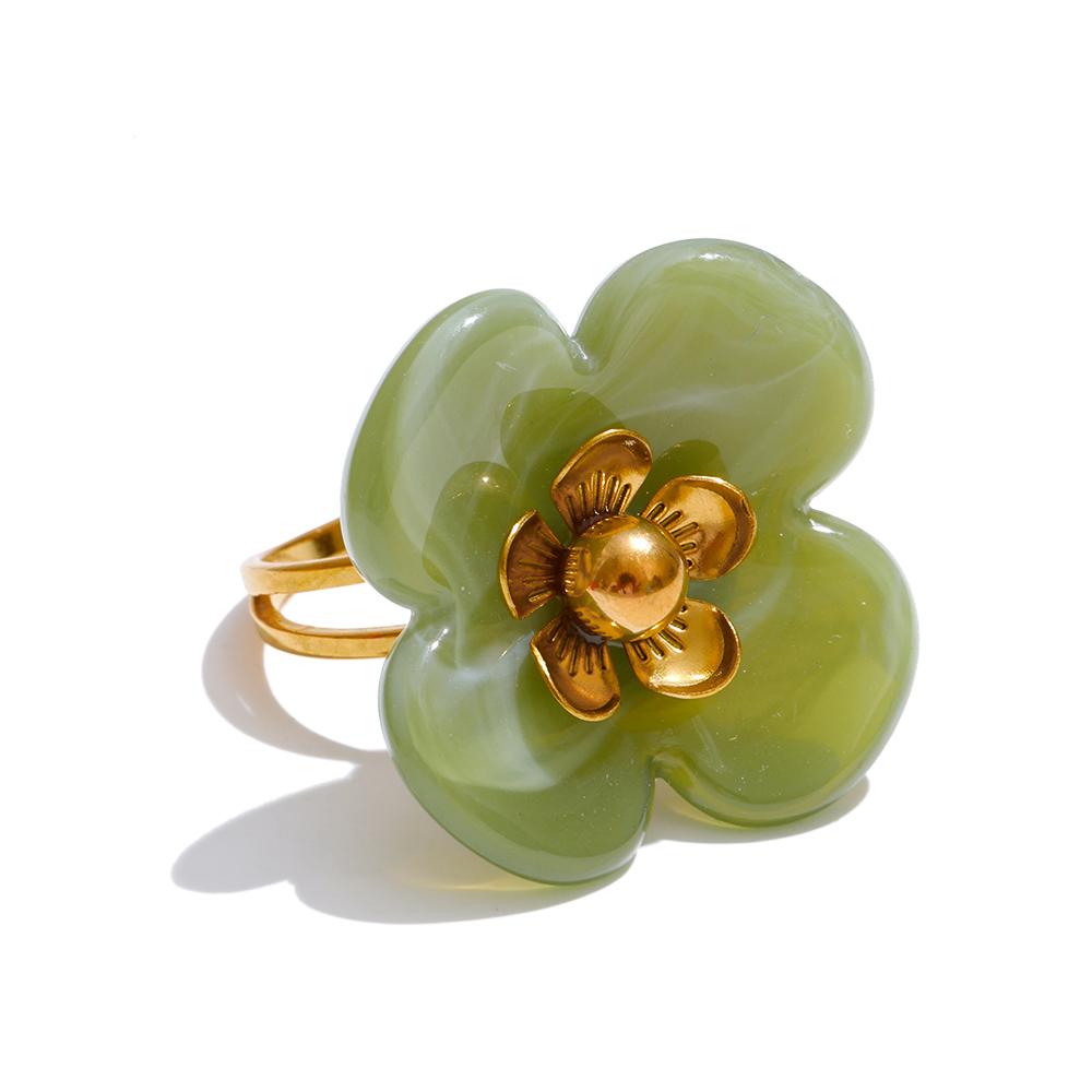 Yhpup New Y2K Stainless Steel Resin Flower Adjustable Ring 18K PVD Golden Plated Young Fashion Finger Jewelry Women Wholesale