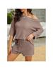 Women's Two Piece Knit Lounge Set Off Shoulder Top and Shorts Matching Cute Pajama Outfit