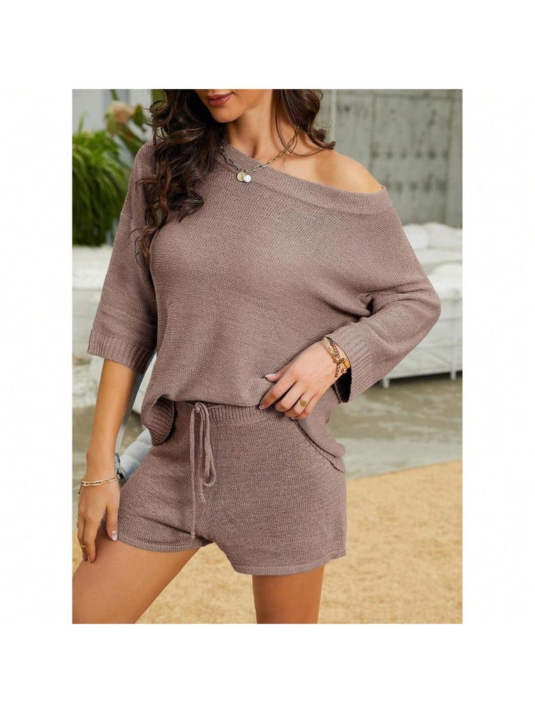 Women's Two Piece Knit Lounge Set Off Shoulder Top and Shorts Matching Cute Pajama Outfit