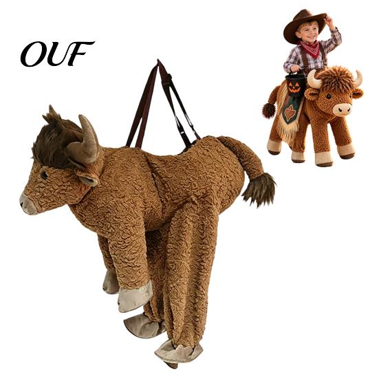 Western Cowboy Role Play Costume Highland Bison Role-Playing for Kids, Plush Cattle Ride-on Halloween Cosplay Apparel Outfit, Parties