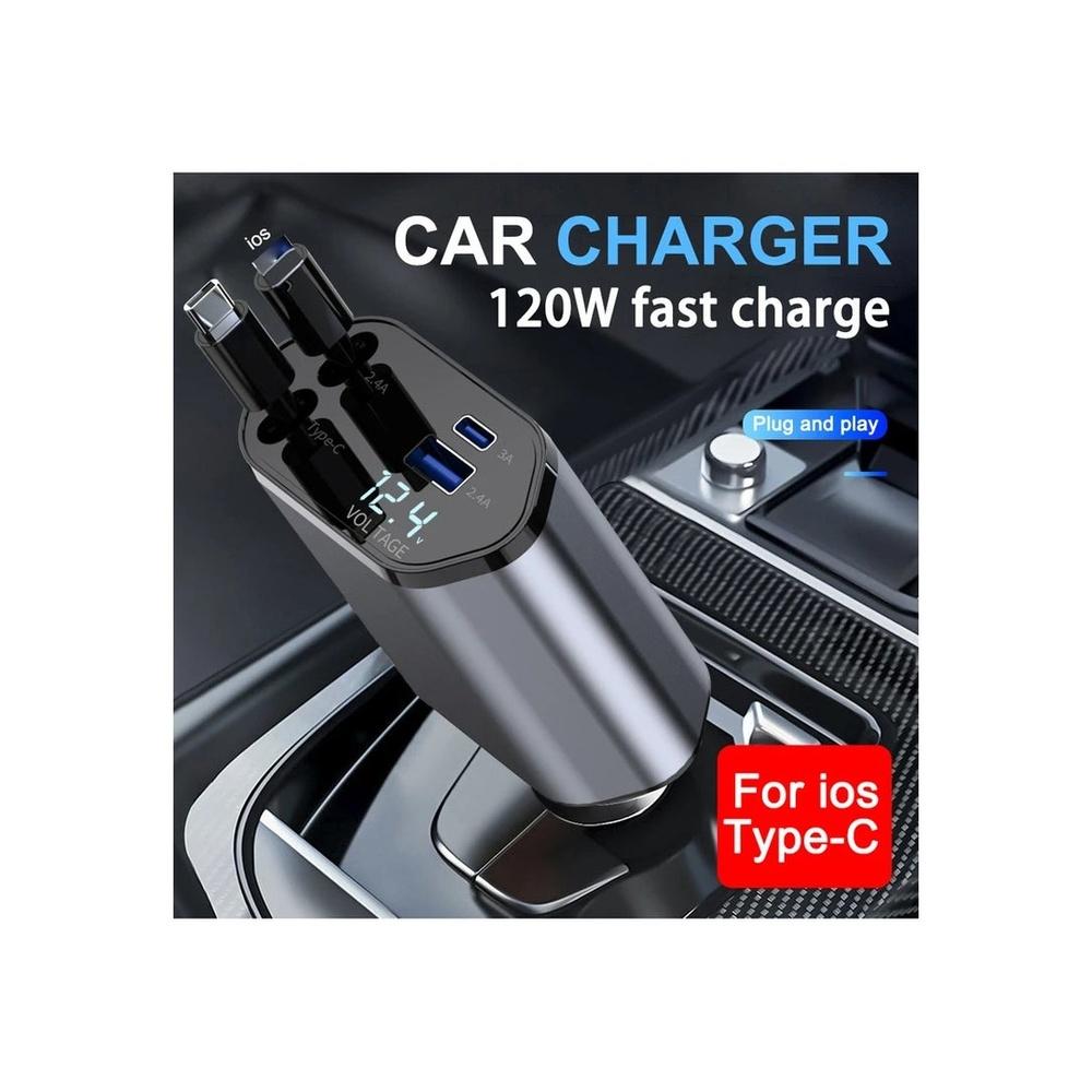 Car Charger - Fast Charging 4-in-1 Adapter with Collapsible Lightning & Type C Cables Dual USB Ports & Voltage Display - Compatible with iPhone iPad