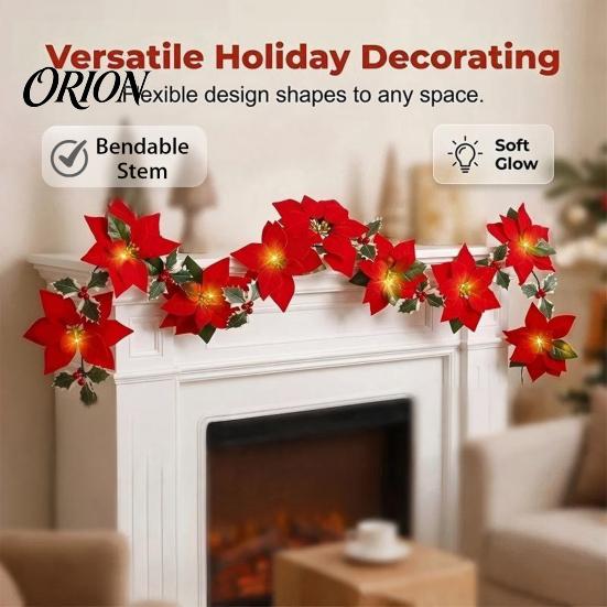 Festive Winter Home Decorations Christmas Poinsettia Garland with Light, 78/118 Inch Lighted Artificial Flower for Mantel String Light 10/20 LEDs Xmas