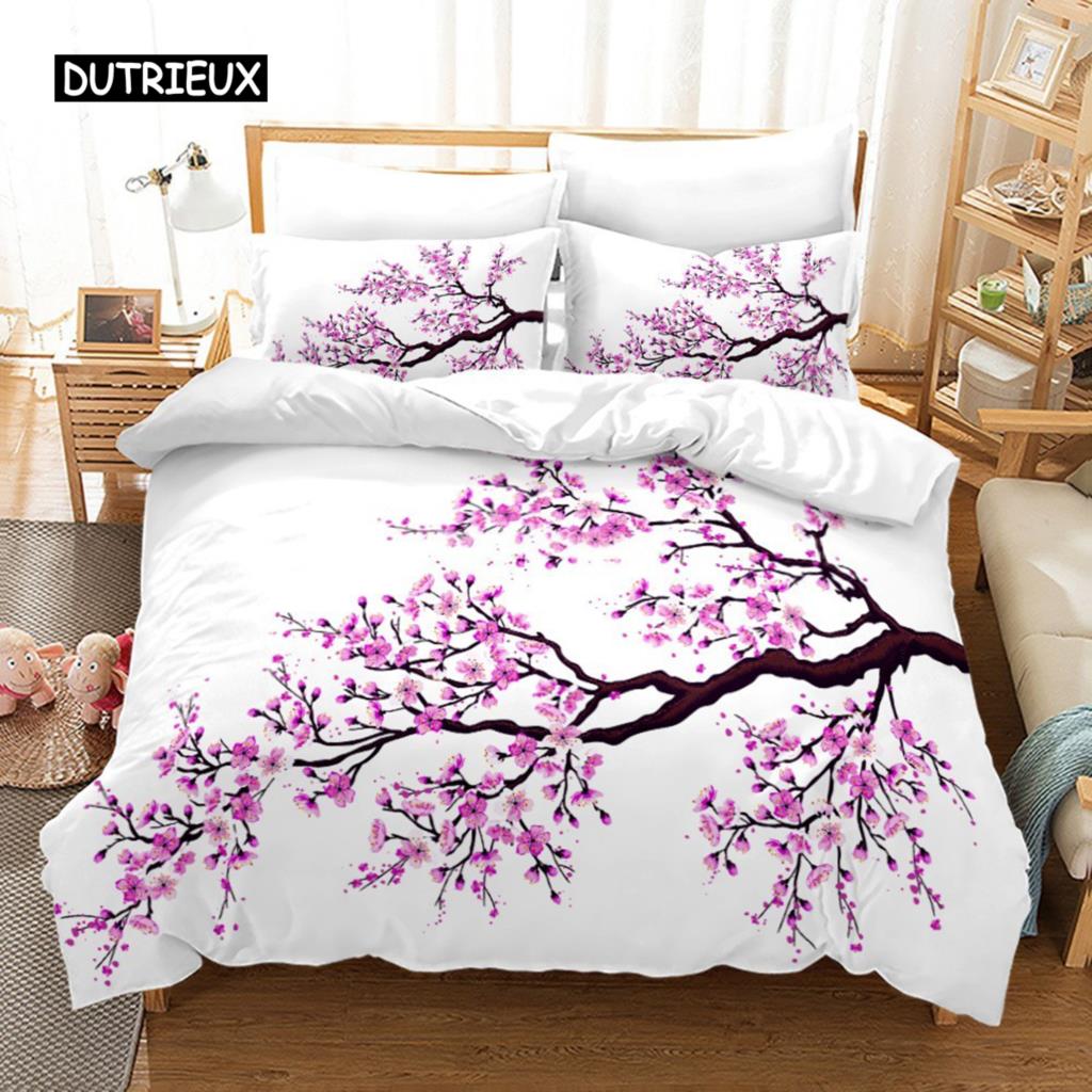 Duvet Cover Pink Sakura Plum Blossom Bamboo Bedding Set Fashion Art Duvet Cover Japanese Tokyo Style For Women Kids Room Decor
