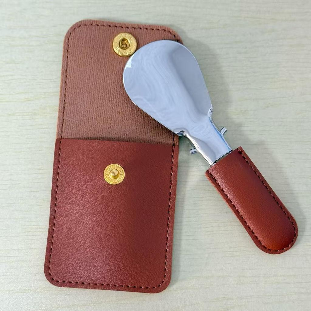 Stainless Steel Folding Shoe Horn PU Leather Small Bag Keychain Lazy Shoe Lifter Portable Shoe Puller Helper Men Women Daily Use