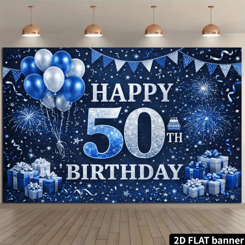 2D planar blue and silver celebration 50th birthday backdrop, made of polyester material, for family gathering