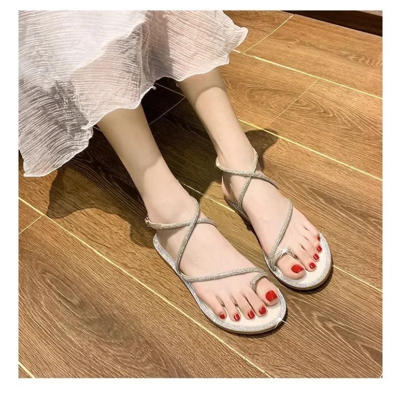 Модные женские сандалии на плоской подошве со стразами, универсальные женские туфли с ремешком на щиколотке и пряжкой, с застежкой на носке, женские сандалии Zapatos De Mujer