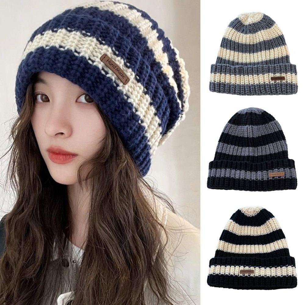 Thickened Winter Hats Stripe Knitted Hat Casual Bonnet Cap for Men Women