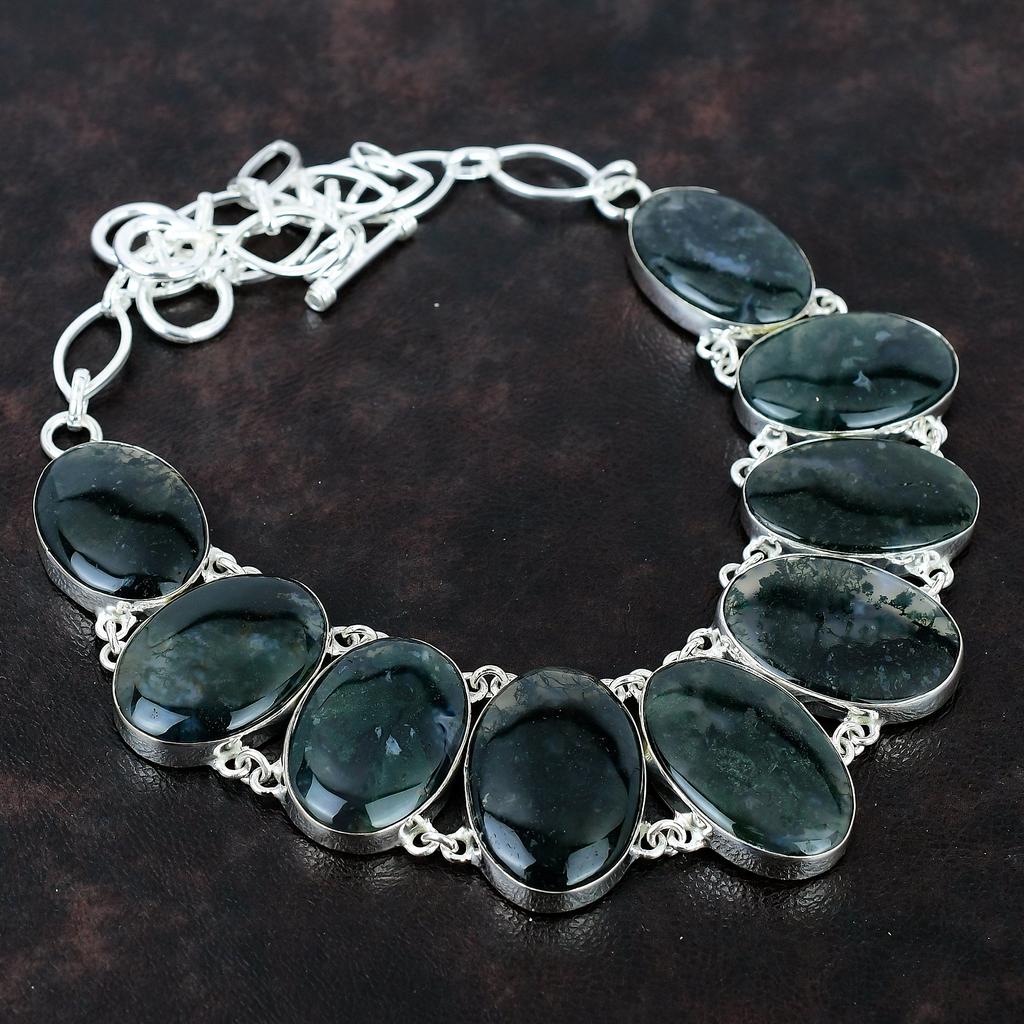 Ожерелье из мохового агата Изысканное ожерелье из драгоценных камней Ожерелье из стерлингового серебра 925 пробы Регулируемая цепочка Ожерелье Ювелирные изделия из мохового агата ручной работы Свадебный подарок