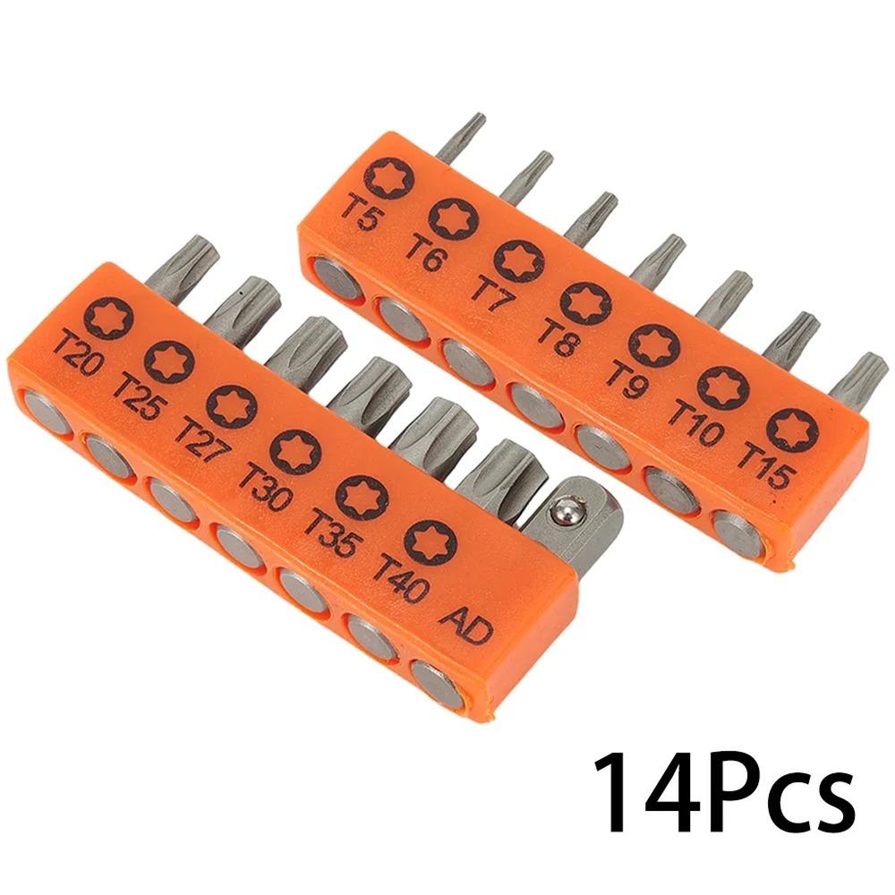 14Pcs/Set New with Hole Torx Screwdriver Bit 25mm 1/4 Inch Hex Electric Driver Bit T5-T40 Star Hardware Tool Kit
