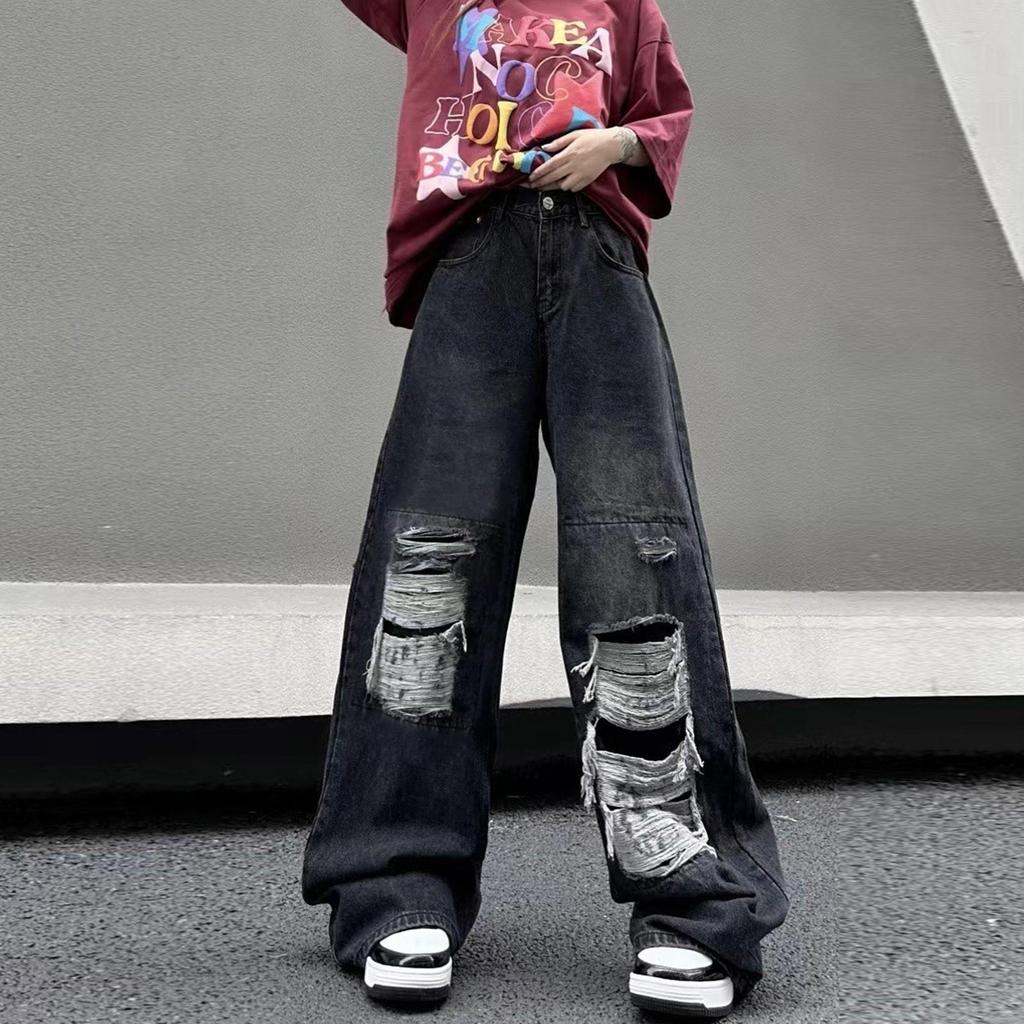 Женские винтажные рваные джинсы, свободные прямые брюки с широкими штанинами, джинсовые брюки