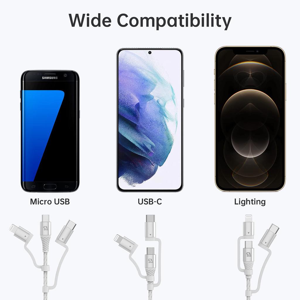 Teleadapt Type USB Charging Fast Charging MFi Compatible with iPhone and Android Devices Lightning/USB C/Micro 3-in-1 Cable, 2.4A/480MBPS Cable,