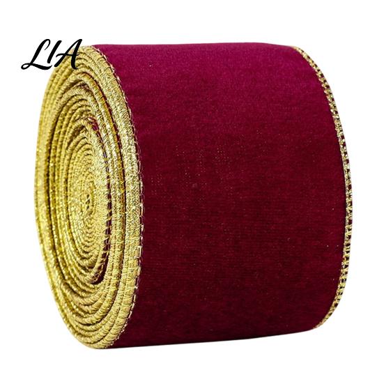 Reusable Festive Crafting Trim Velvet Christmas Ribbon, 2.5 x 78 Inch Wired Ribbon with Gold Edges for Gift Wrapping, Bow Making, DIY Crafts, Garland,
