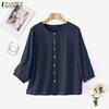 Women Casual Round Neck Summer 3/4 Sleeve Cotton Blouse