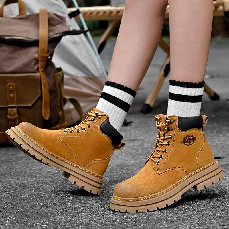 Мужские и женские ботинки. Высокие рабочие ботинки из натуральной кожи. Желтые ботинки осень-зима.