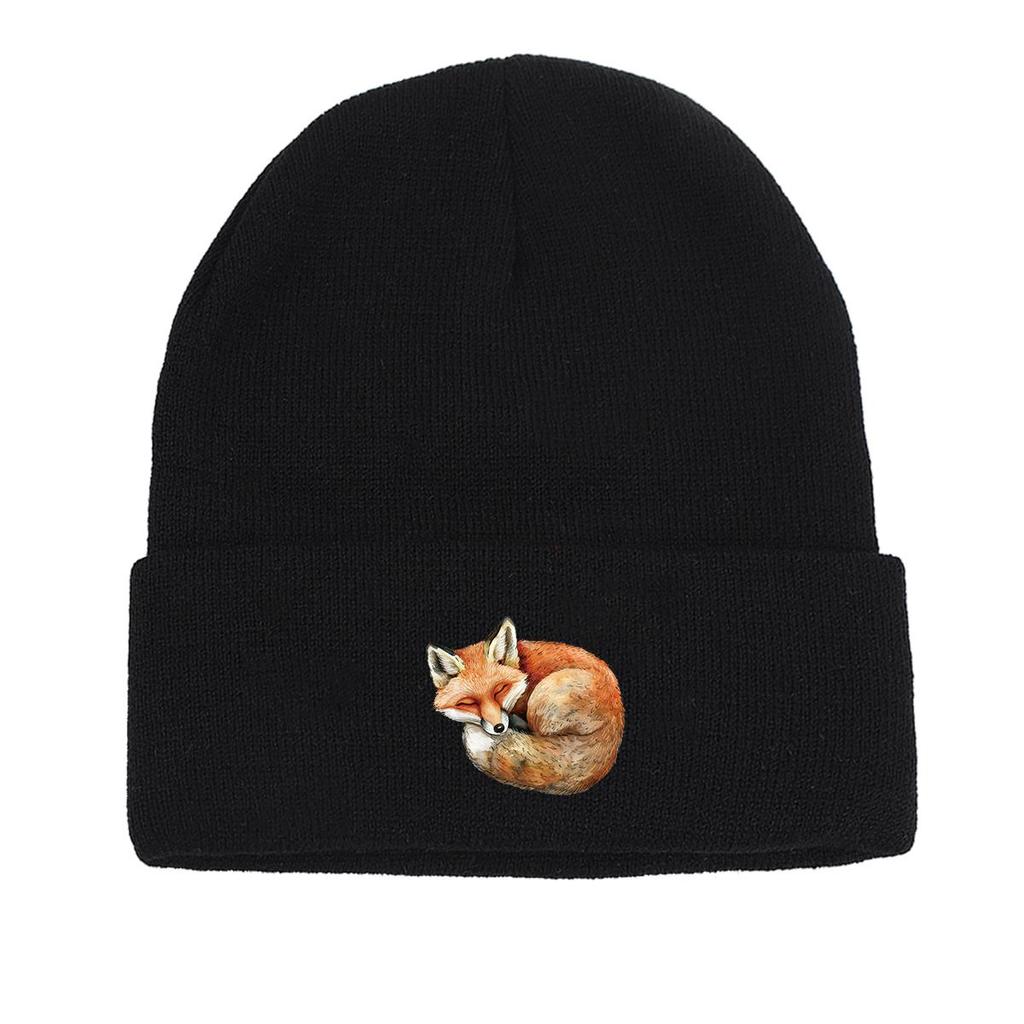Curl Up Fox Winter Knitted Cap Beanie, Animal Man Cap Thermal Lightweight Stylish Gorro Knit Hat Beanie