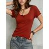 Женская футболка-henley с U-образным вырезом, на пуговицах, с коротким рукавом, с воланами, повседневный топ