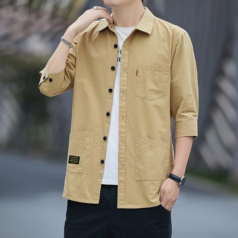 Летняя хлопковая мужская рубашка со средним рукавом, повседневная трендовая рубашка с рукавом семь четвертей, тонкая универсальная однотонная рубашка с верхом для мужчин