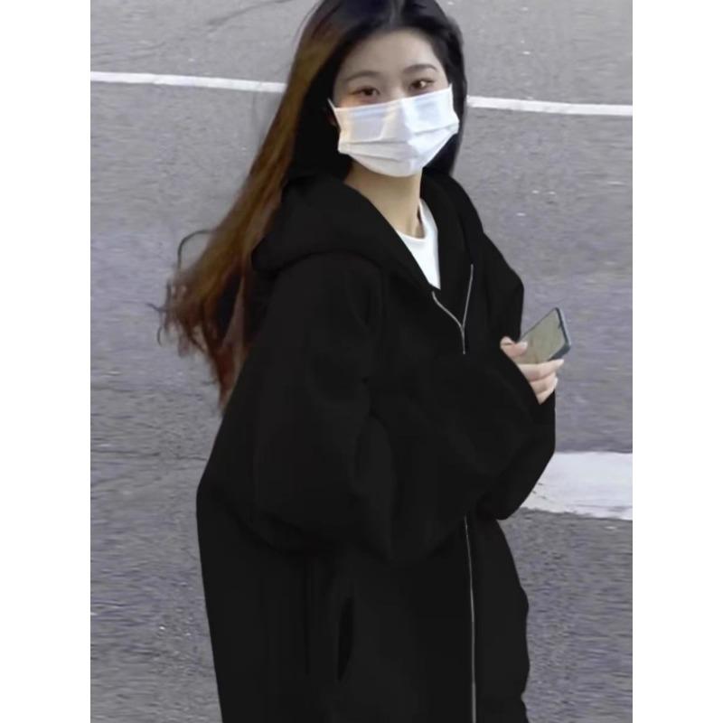 Sweatshirt Women's Sprin Autumn Hooded Thin Jacket with Thick Velvet Korean Style Trendy Student Loose Top Cardigan