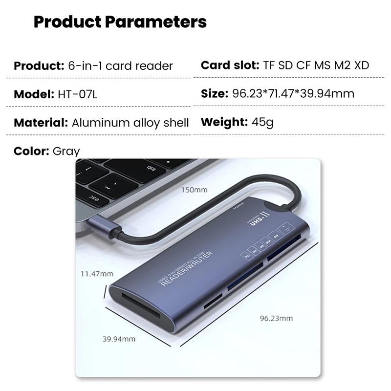 Устройство чтения карт 6-в-1 SD TF XD CF M2 USB-адаптер Type C Высокоскоростная передача данных Картридер для ноутбука