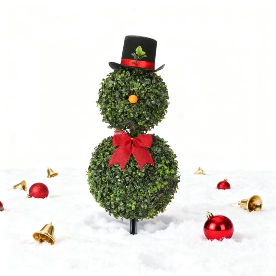 Yousheng Christmas Snowman Topiary Artificial Snowman Shaped Topiary Tree with Bow And Hat Outdoor Boxwood Topiary with Stake for Home Porch Decor