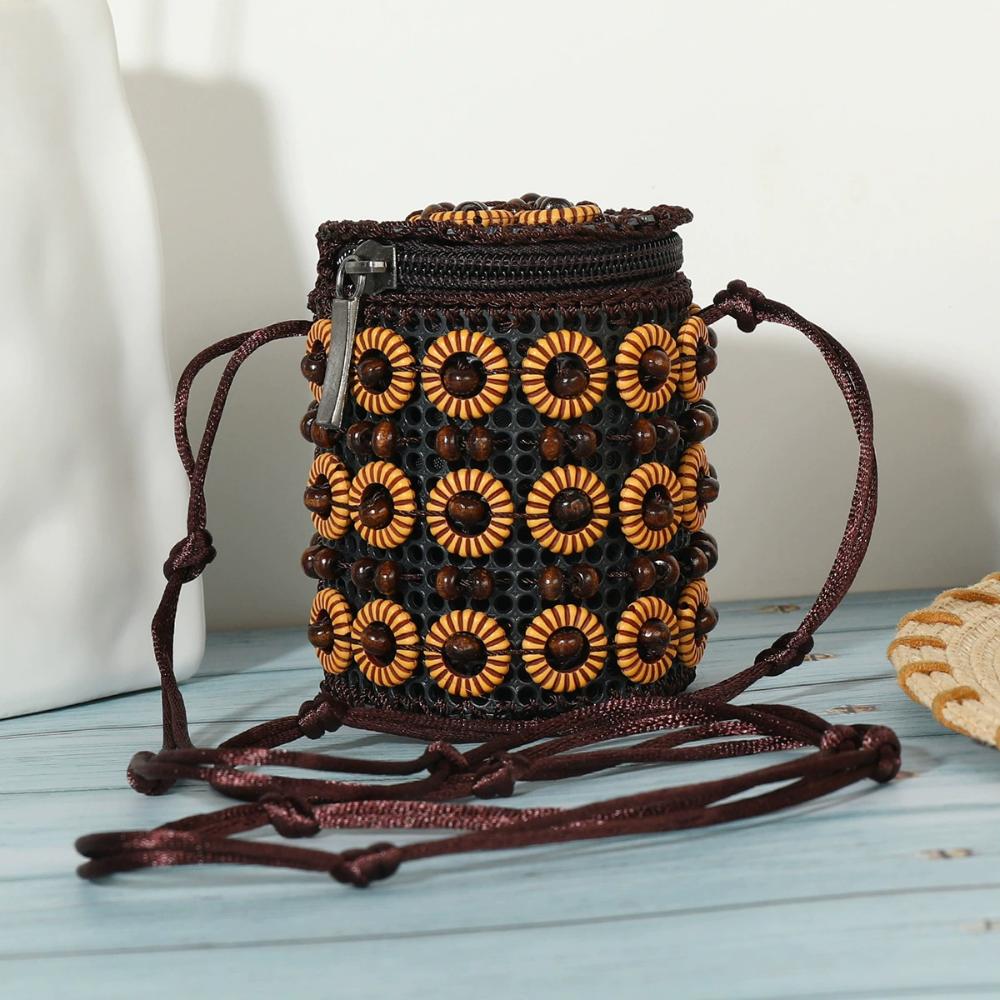 Portable Cloth Ethnic Style Crossbody Bag Retro Coconut Shell Handmade Weave Bag Vintage Handbag Bohemian Shoulder Bag Women