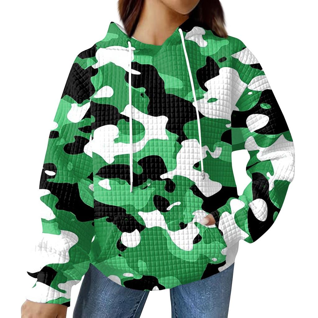 Women's Fashionable Loose Fitting Hooded Pullover, Long Sleeved Sportswear, Camouflage Printed Top, Daily Hoodie