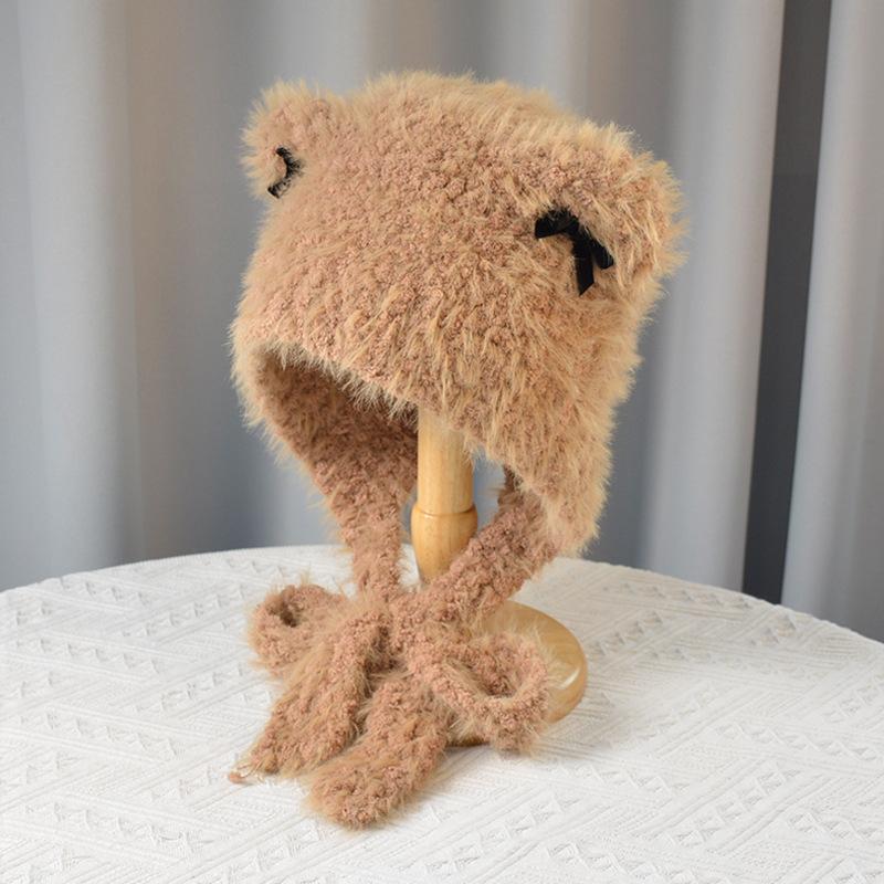 Women Autumn Winter Warm Thicken Ear Protector Hat Cold Fur Velvet Outdoor Cat Ear Bow Bomber Hats Sweet Cute Lei Feng Cap