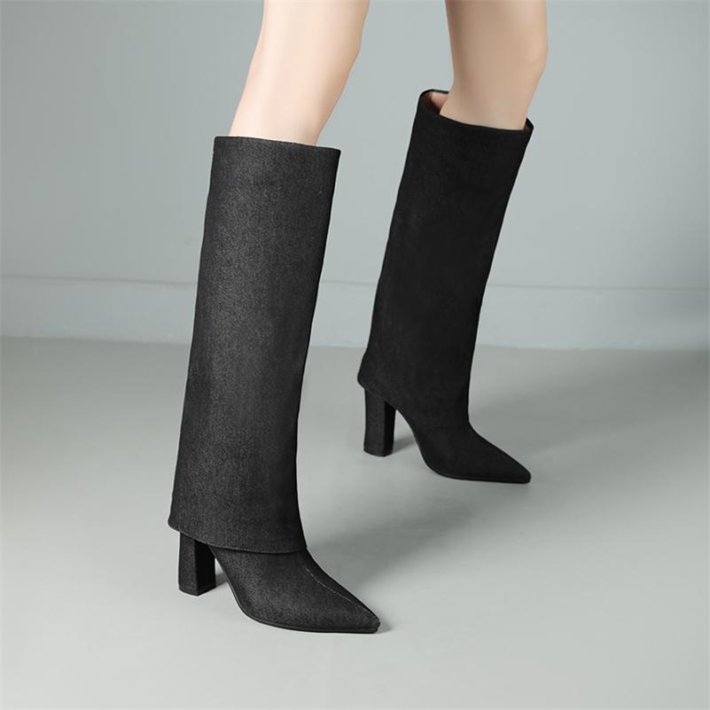 FOREADA Women Knee High Long Boots Pointed Toe Chunky High Heels Denim Gogo Boots Ladies Fashion Shoes Autumn Winter Sky Blue 43