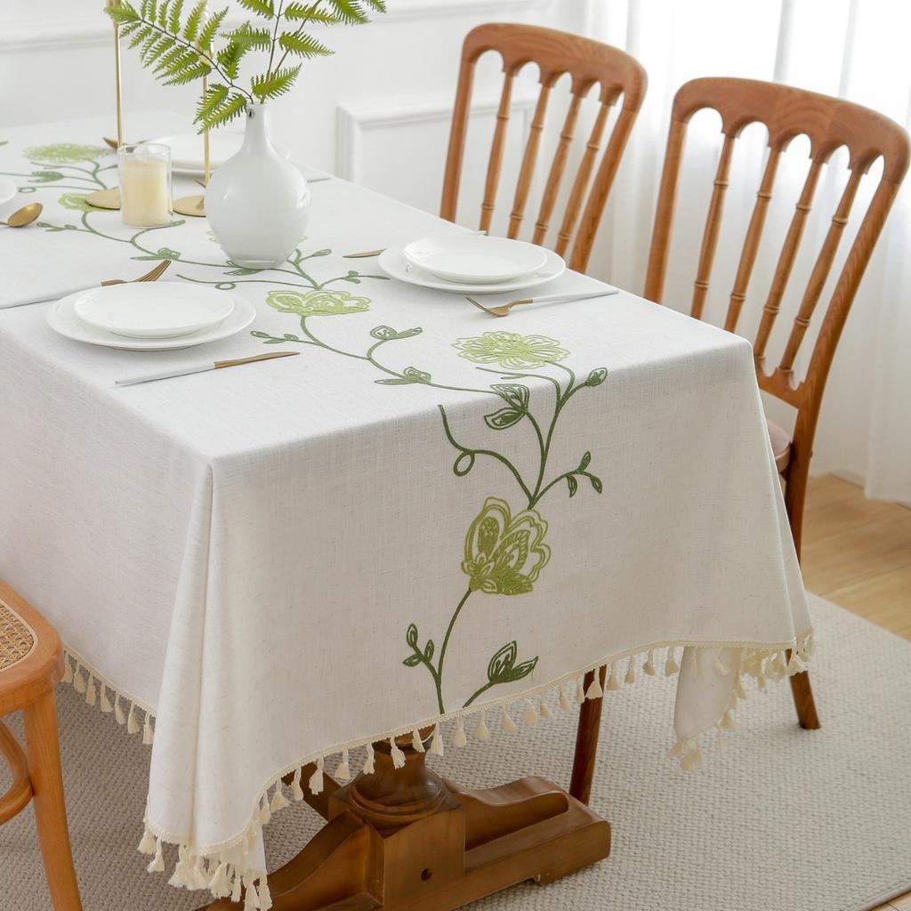 Green Embroidered Dining Table Fabric Cotton and Linen Cover Dining Table Flag Tablecloth Dining Table Mat