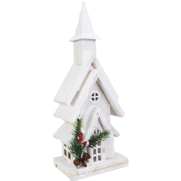 Illuminated Christmas Decoration - Snow-Covered Church with LED, Dimensions 38 cm, Color White, Battery Powered