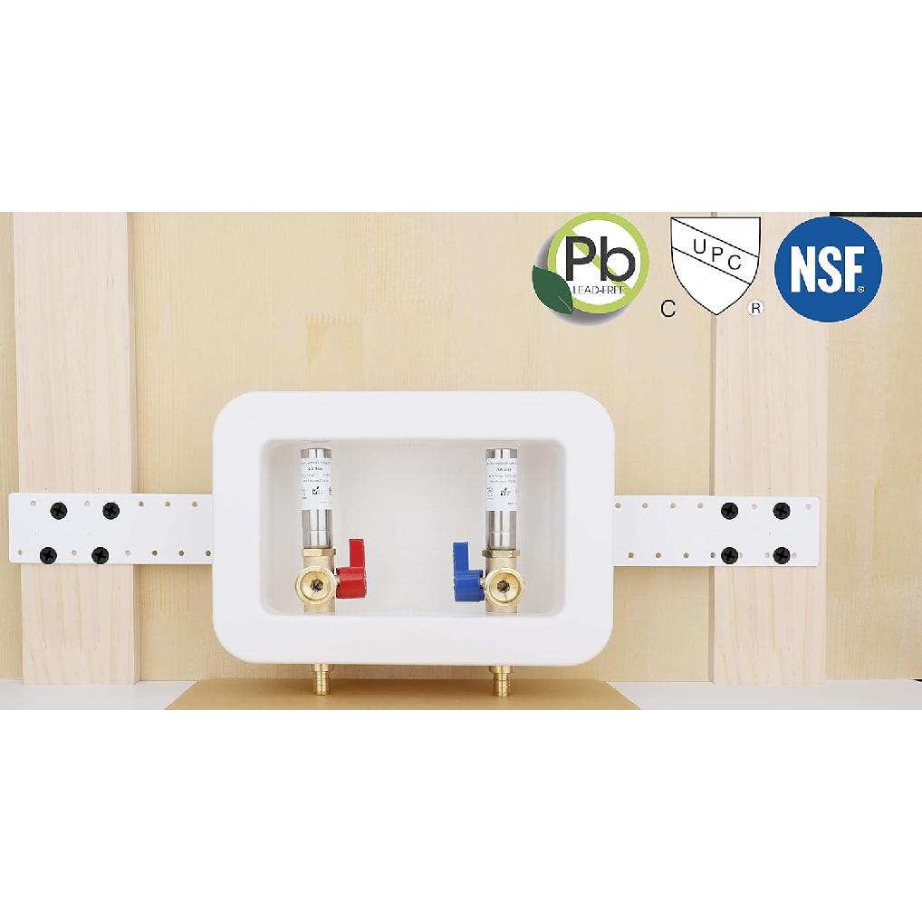 WHK Washing Machine Outlet Box,Pex Laundry Box Washer Wall Box With Drain Recessed Water Valve Box Center Double Drain 1/2-inch Crimp PEX B,PVC White
